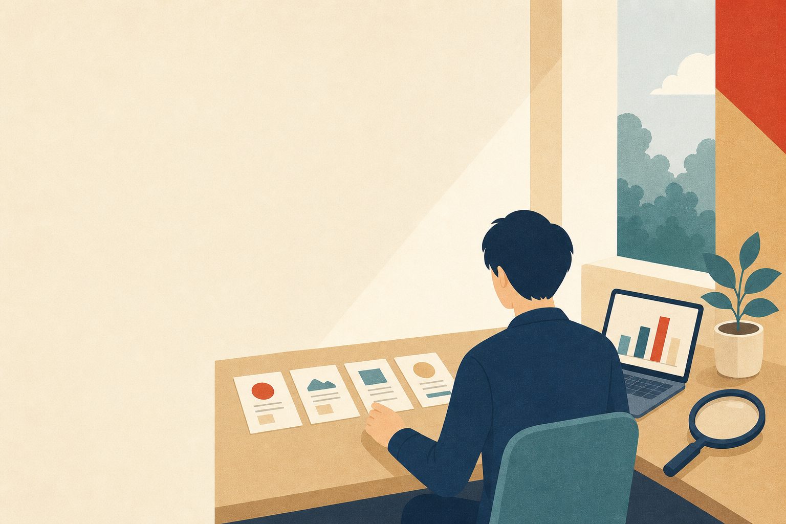机の上の資料とグラフを見比べる人のイラスト